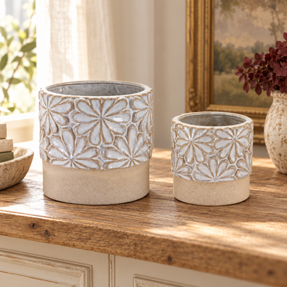Ceramic Floral Planter (Set of 2) in a styled home setting