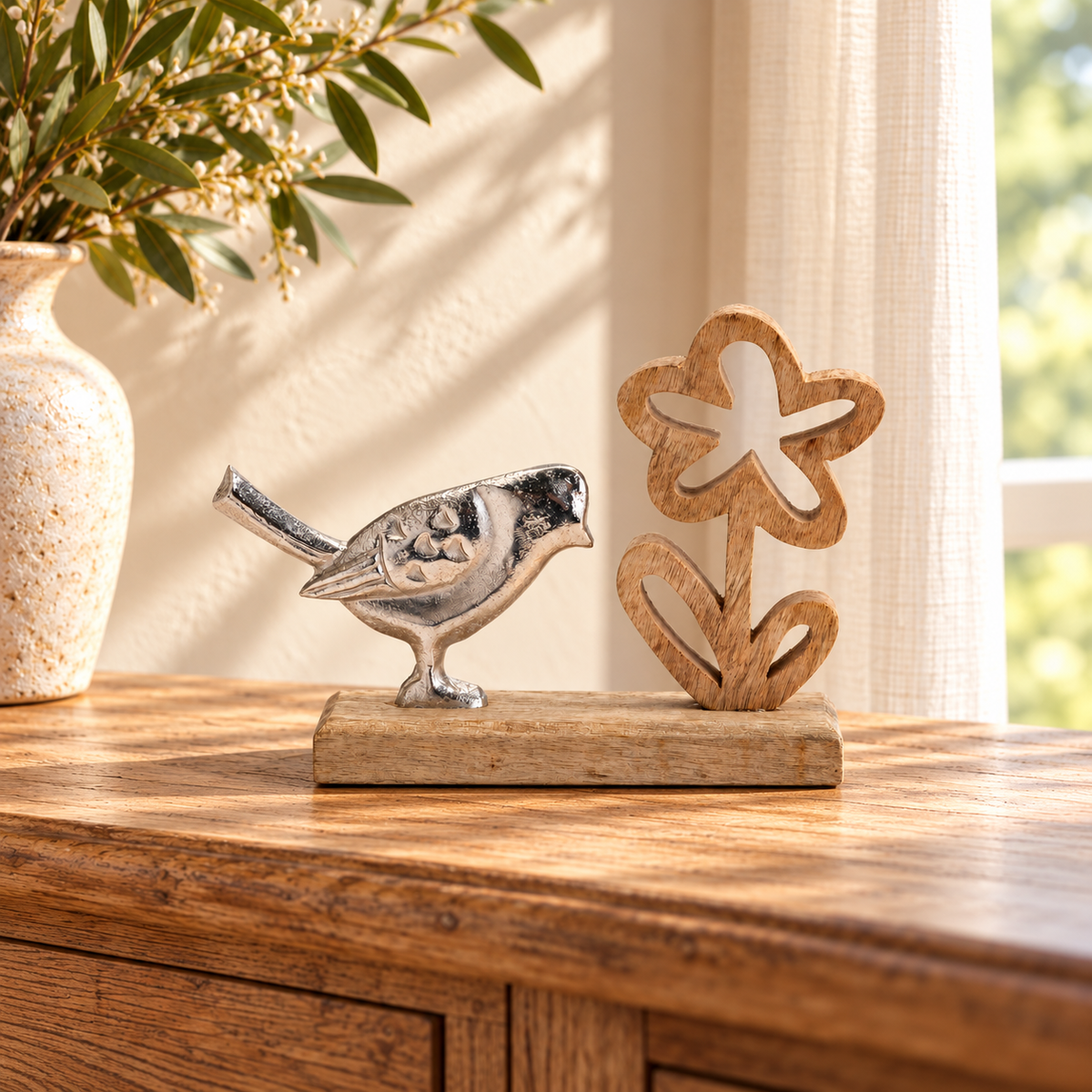 Metal Bird and Flower on Wood Base (Set of 2) in a styled home setting