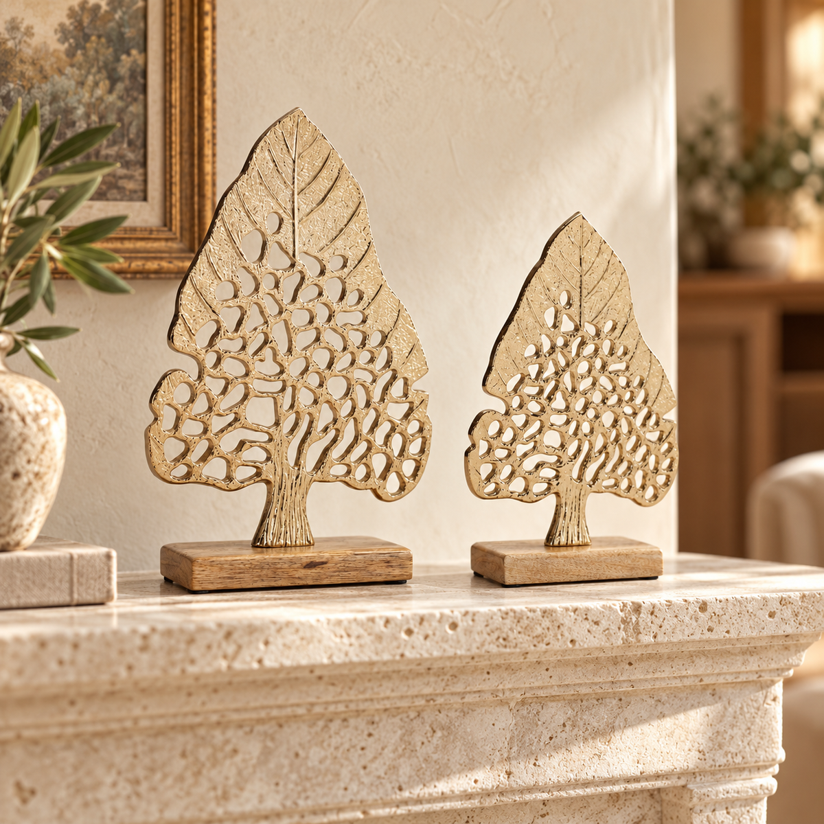 Modern Metal Leaf Tree on Wood Base (Set of 2) in a styled home setting