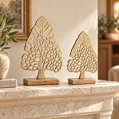 Modern Metal Leaf Tree on Wood Base (Set of 2) in a styled home setting