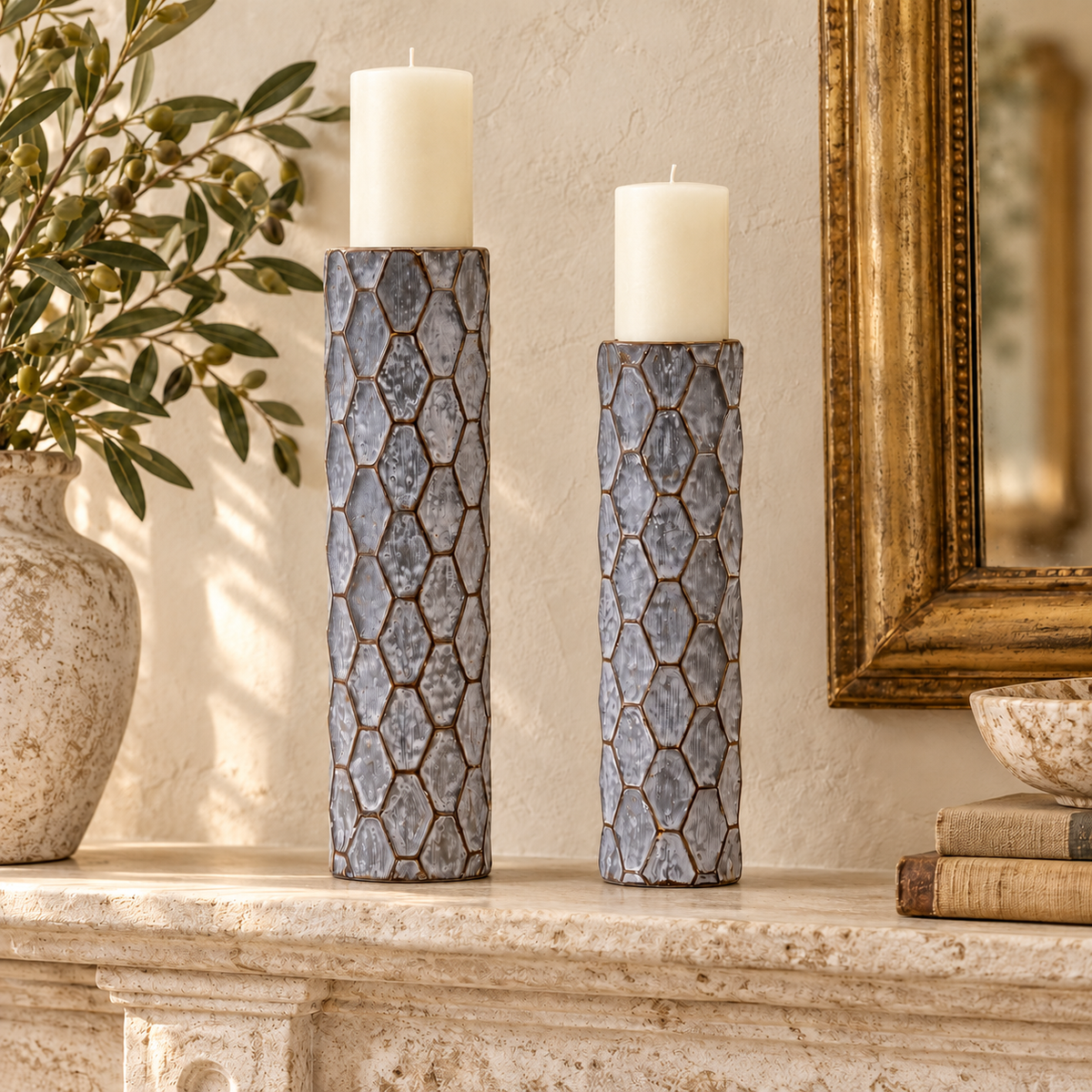 Honeycomb Metal Candle Holder (Set of 2) in a styled home setting