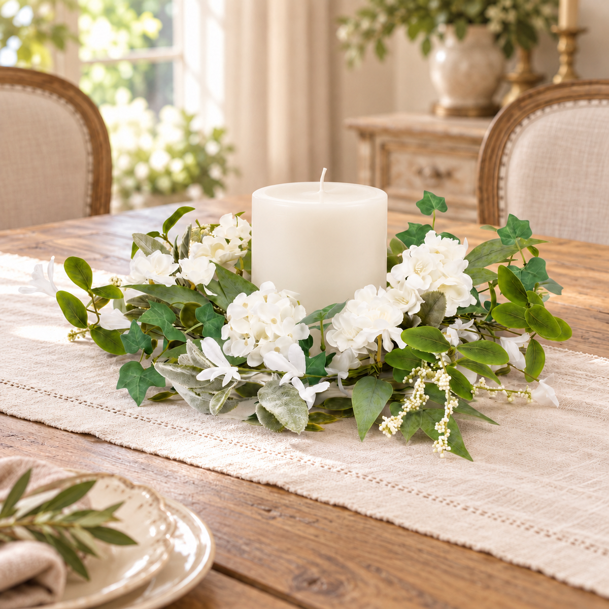 Mixed Floral and Foliage Candle Ring 17.5"D in a styled home setting