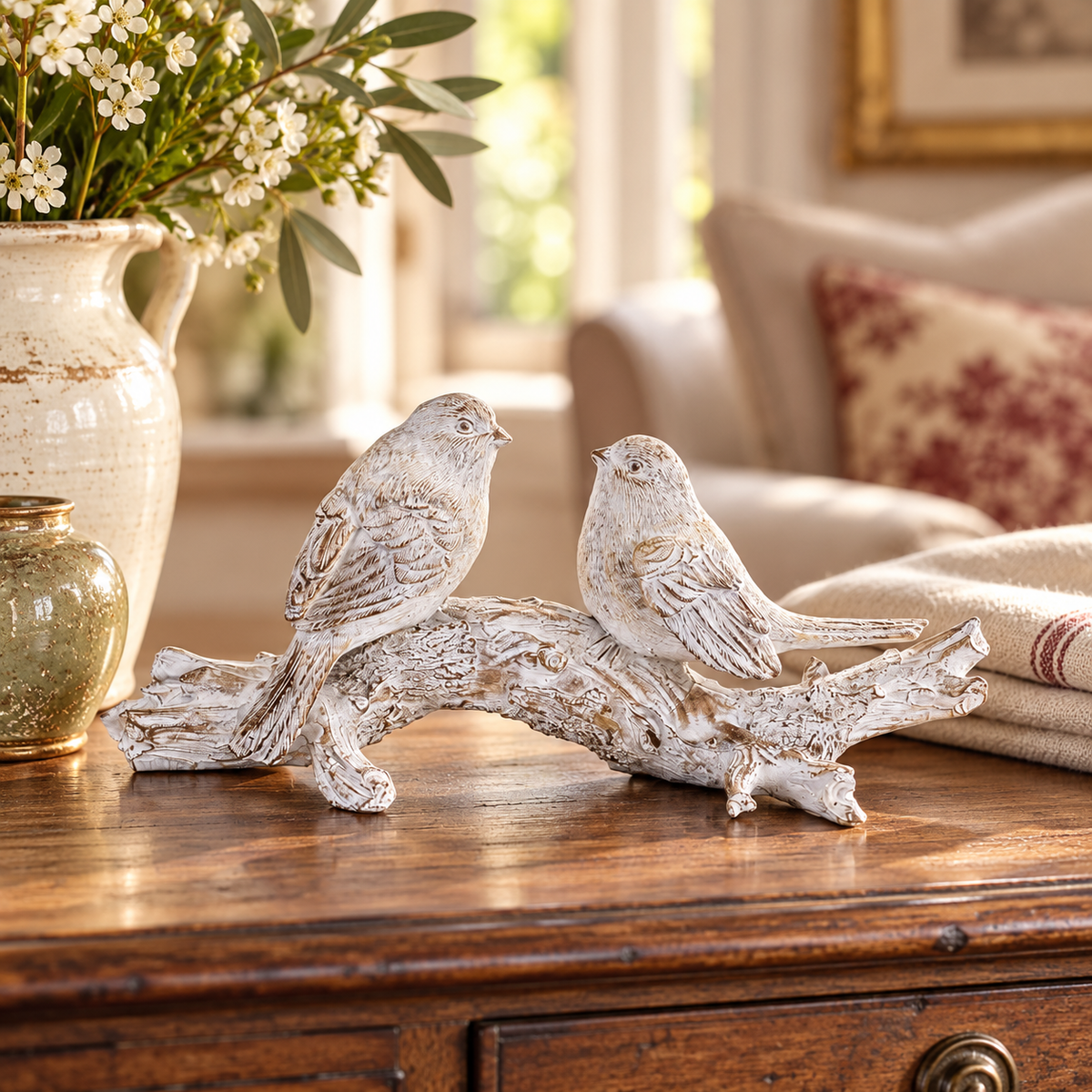 White Washed Birds on Branch Figurine 9.5"L in a styled home setting