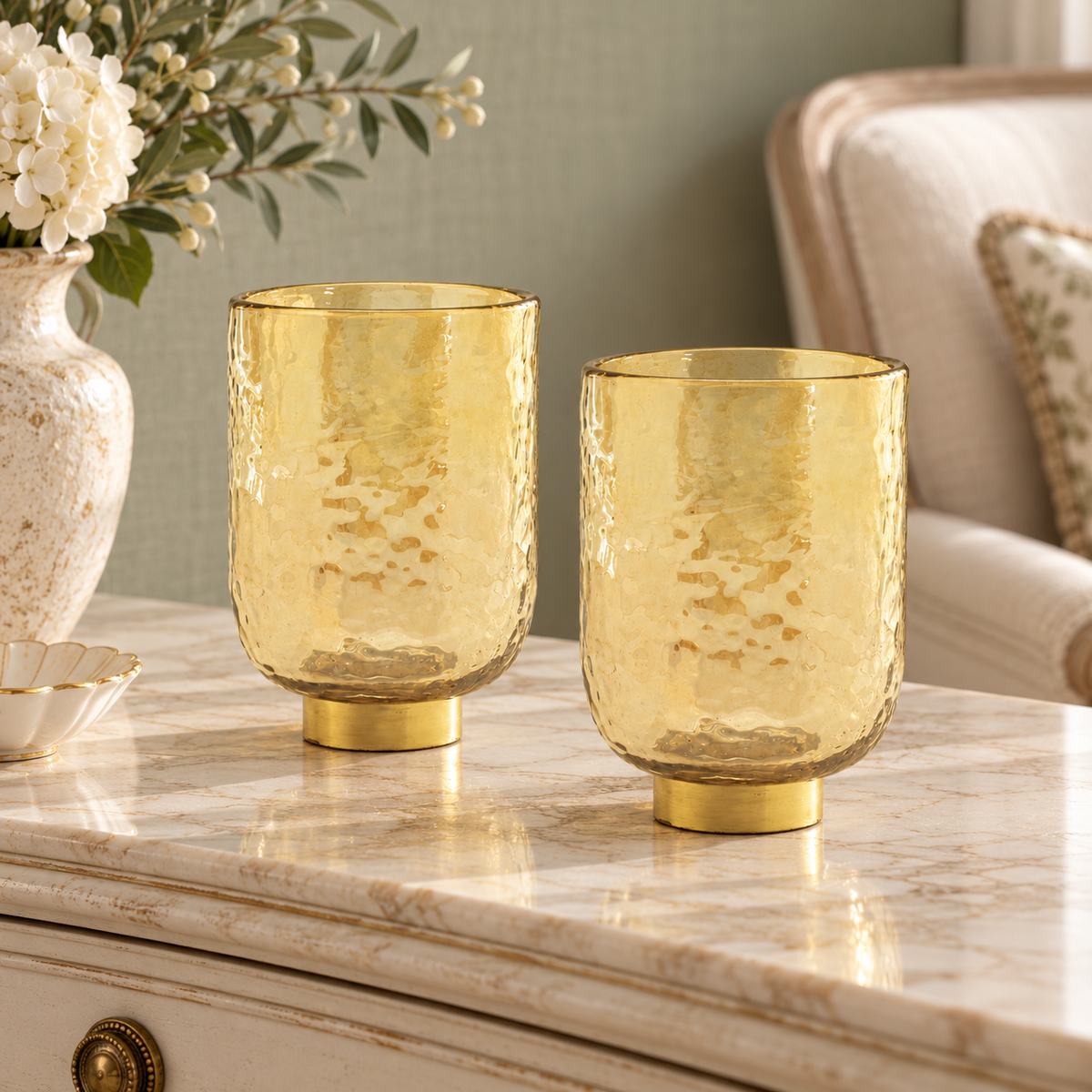 Gold Glass Vase with Metal Accent (Set of 2) in a styled home setting