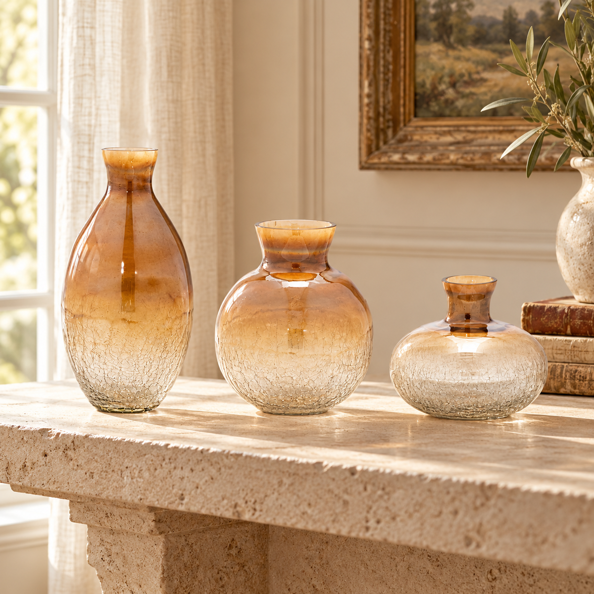Crackled Glass Bud Vase (Set of 3) in a styled home setting