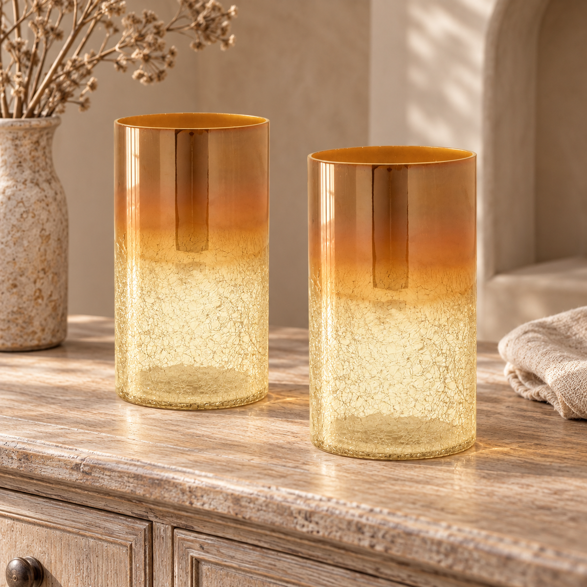 Gold Ombre Crackle Glass Vase (Set of 2) in a styled home setting
