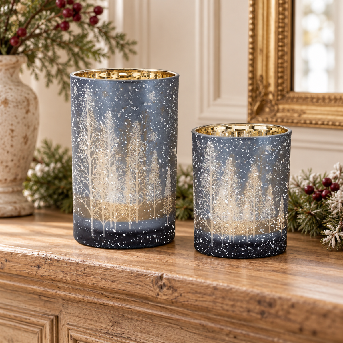 Navy Pine Tree Glass Candle Holder (Set of 2) in a styled home setting
