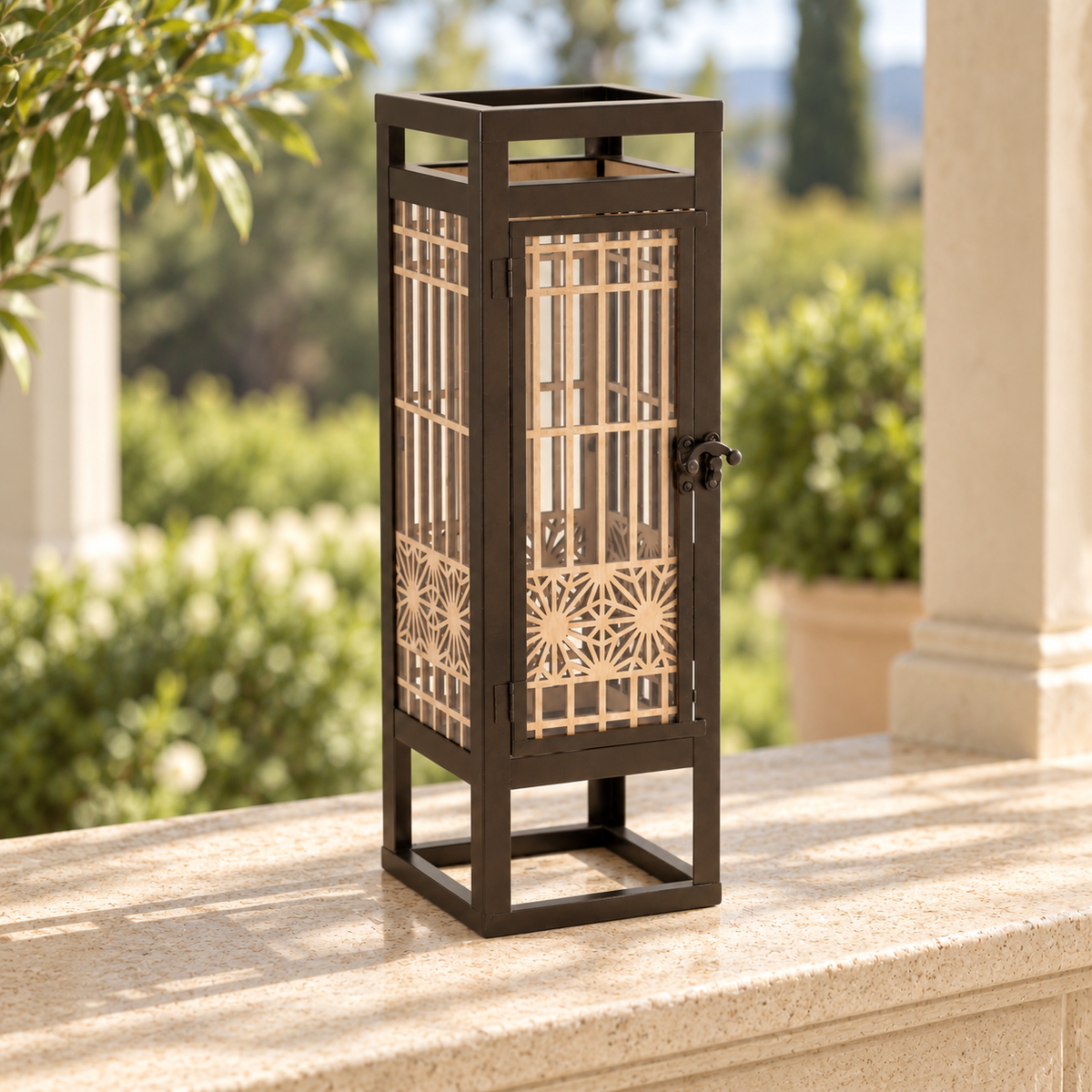 Cut Out Wood Candle Holder with Iron Frame 15"H in a styled home setting