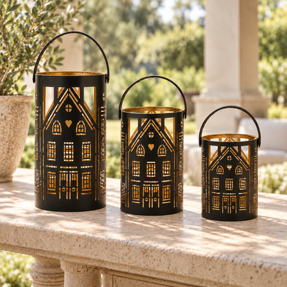 Punched Metal House Lantern (Set of 3) in a styled home setting