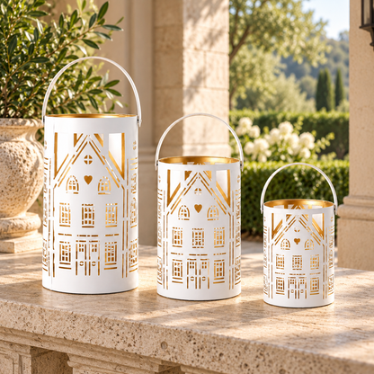 Candle Holder (Set of 3) 6.5"H, 9.5"H, 12.5"H Iron/Leather in a styled home setting