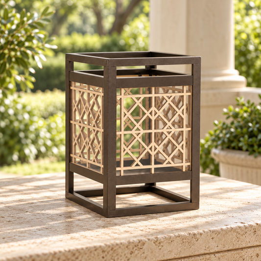 Cut Out Wood Candle Holder with Iron Frame 9.75"H in a styled home setting