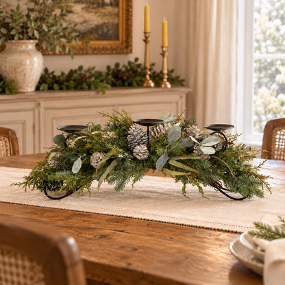 Mixed Pine Candle Holder Centerpiece 32"L in a styled home setting