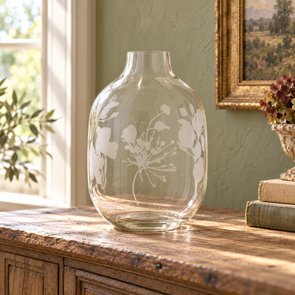 Frosted Floral Glass Vase in a styled home setting