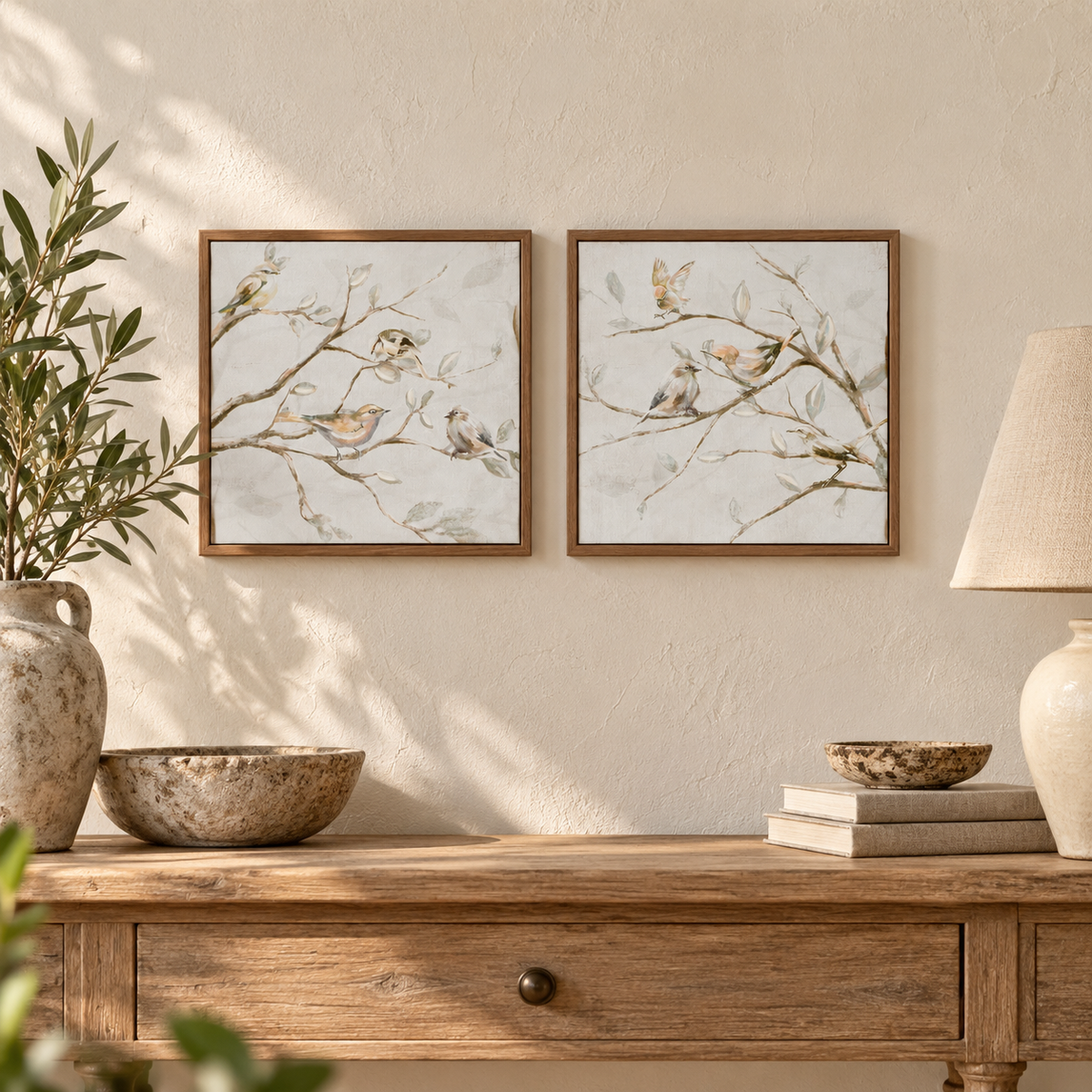 Framed Birds on Branches Canvas Art (Set of 2) in a styled home setting