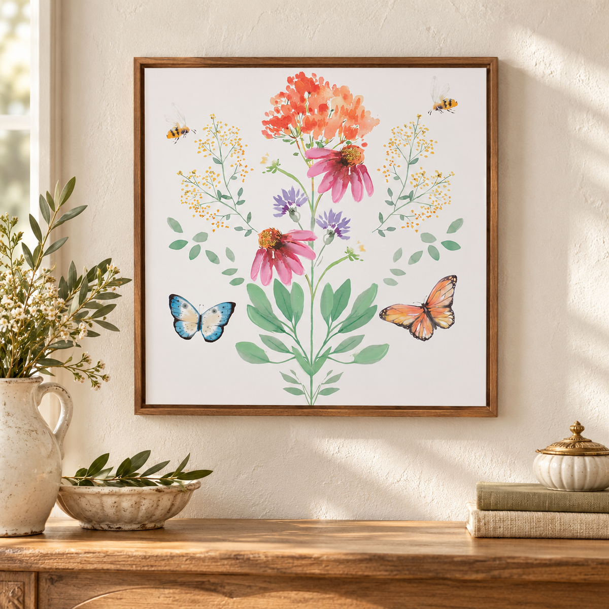 Framed Floral and Butterfly Wall Art 15.5"SQ in a styled home setting