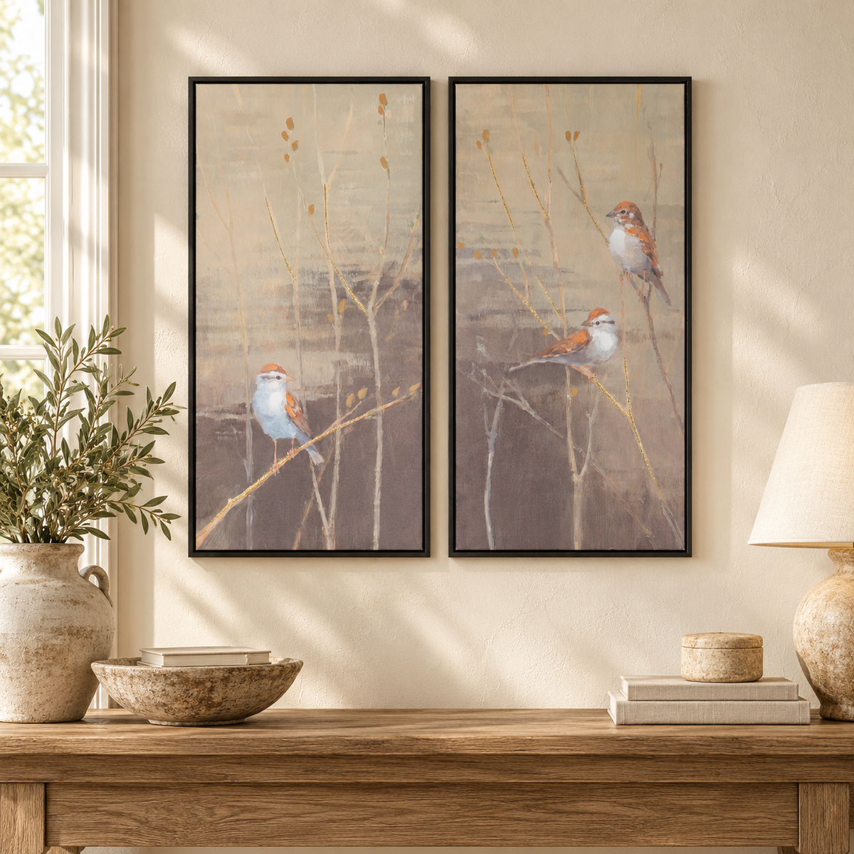 Framed Bird and Pussywillow Wall Print (Set of 2) in a styled home setting