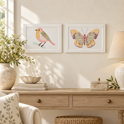 Framed Bird and Butterfly Wall Plaque (Set of 2) in a styled home setting
