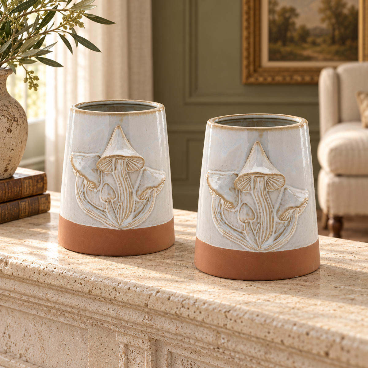 Tapered Porcelain Planter with Mushrooms (Set of 2) in a styled home setting