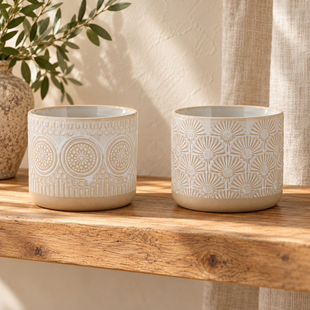 Porcelain Geometric Patterned Planter (Set of 2) in a styled home setting