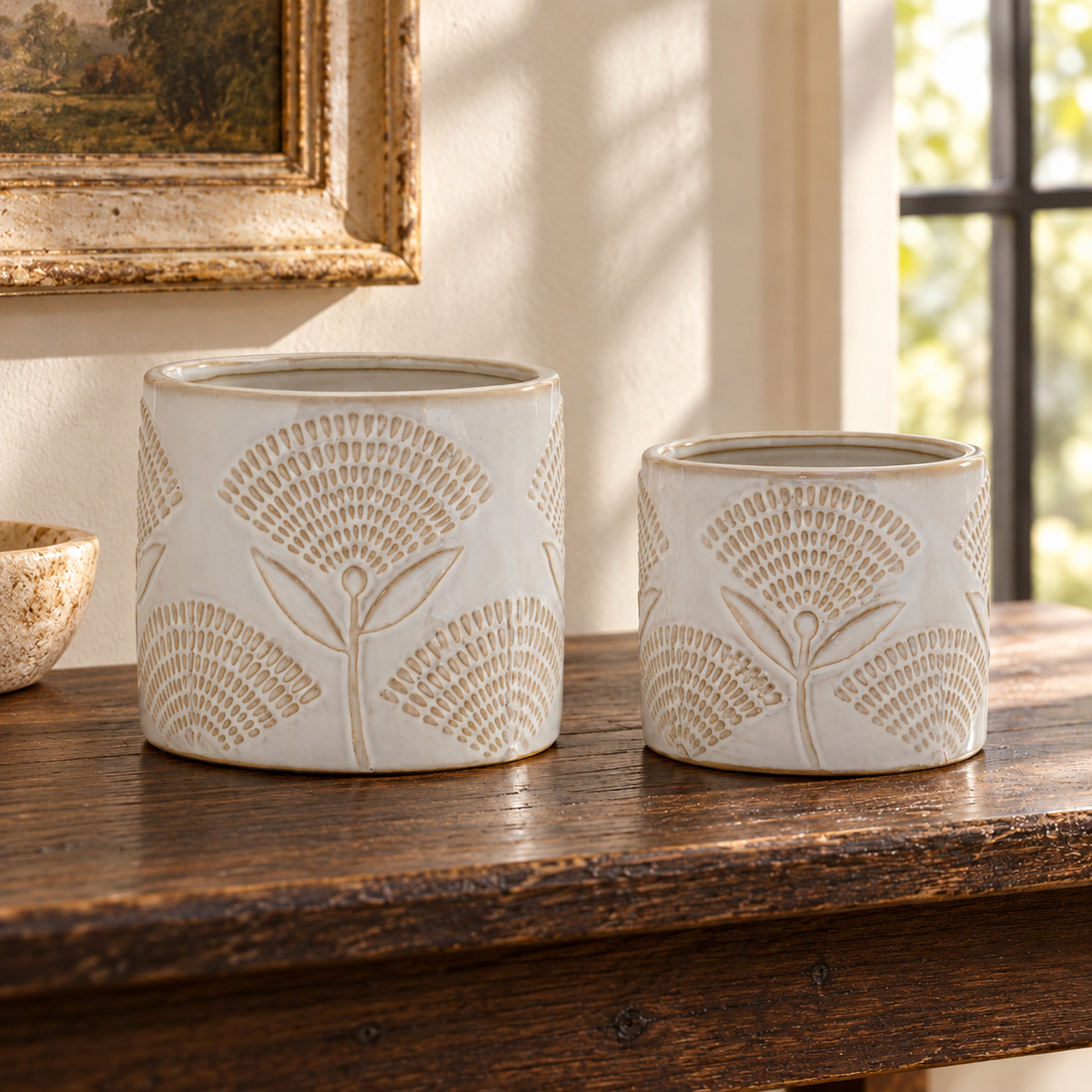 Porcelain Floral Patterned Planter (Set of 2) in a styled home setting
