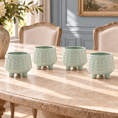 Footed Ceramic Leaf Pattern Planter (Set of 4)
