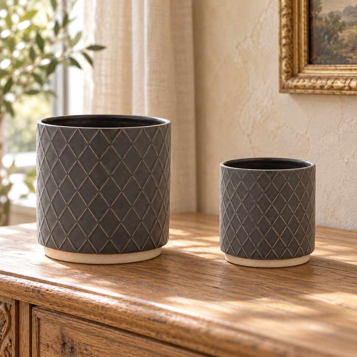 Ceramic Diamond Pattern Planter (Set of 2) in a styled home setting