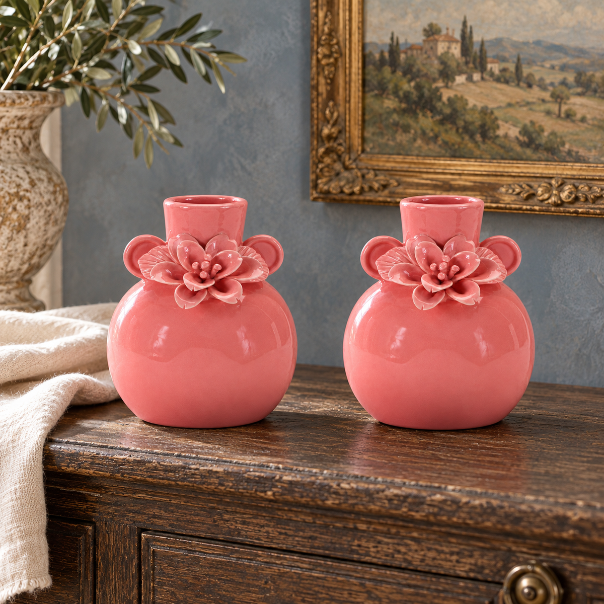 Stoneware Bud Vase with Floral Accent (Set of 2) in a styled home setting