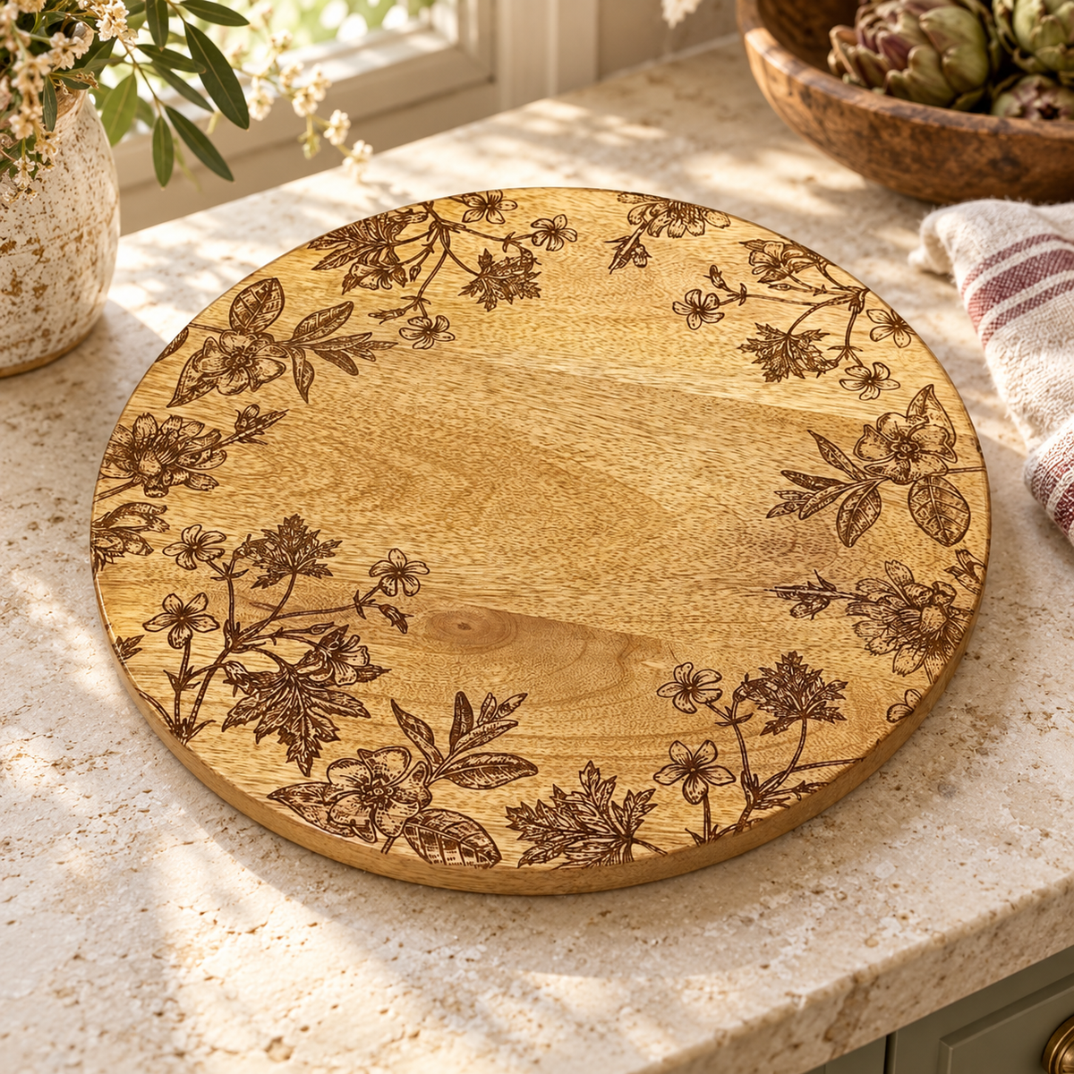 Floral Etched Mango Wood Tray in a styled home setting