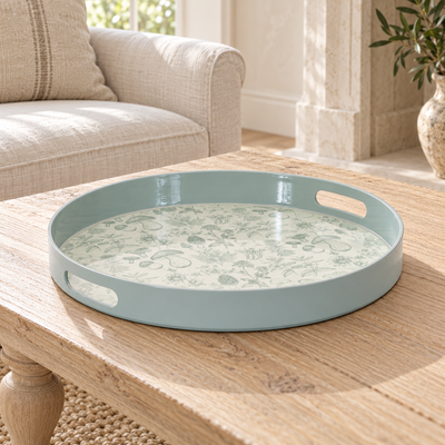 Round Mushroom and Floral Print Tray 13.5"D