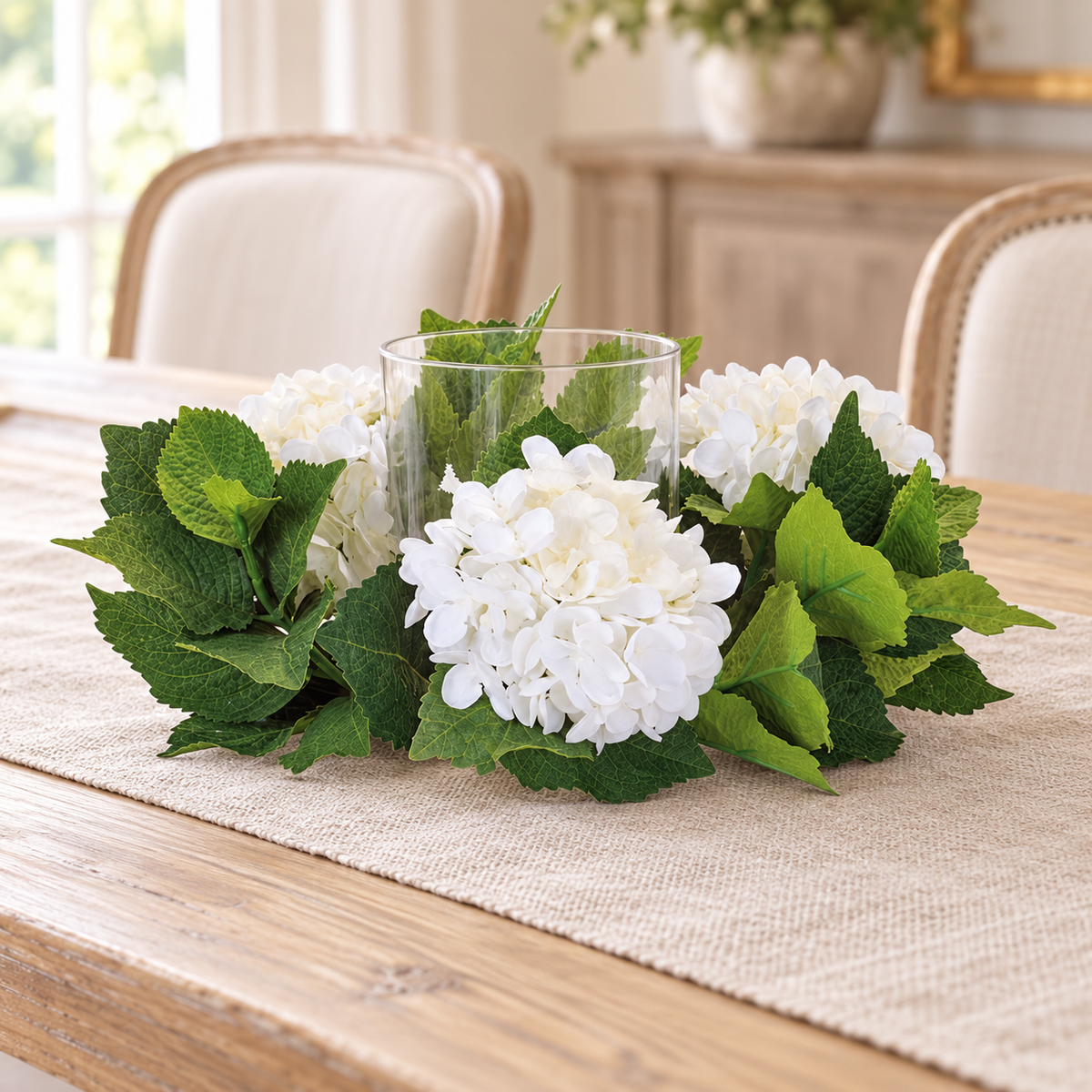Hydrangea Candle Ring with Glass Hurricane (Set of 2) in a styled home setting