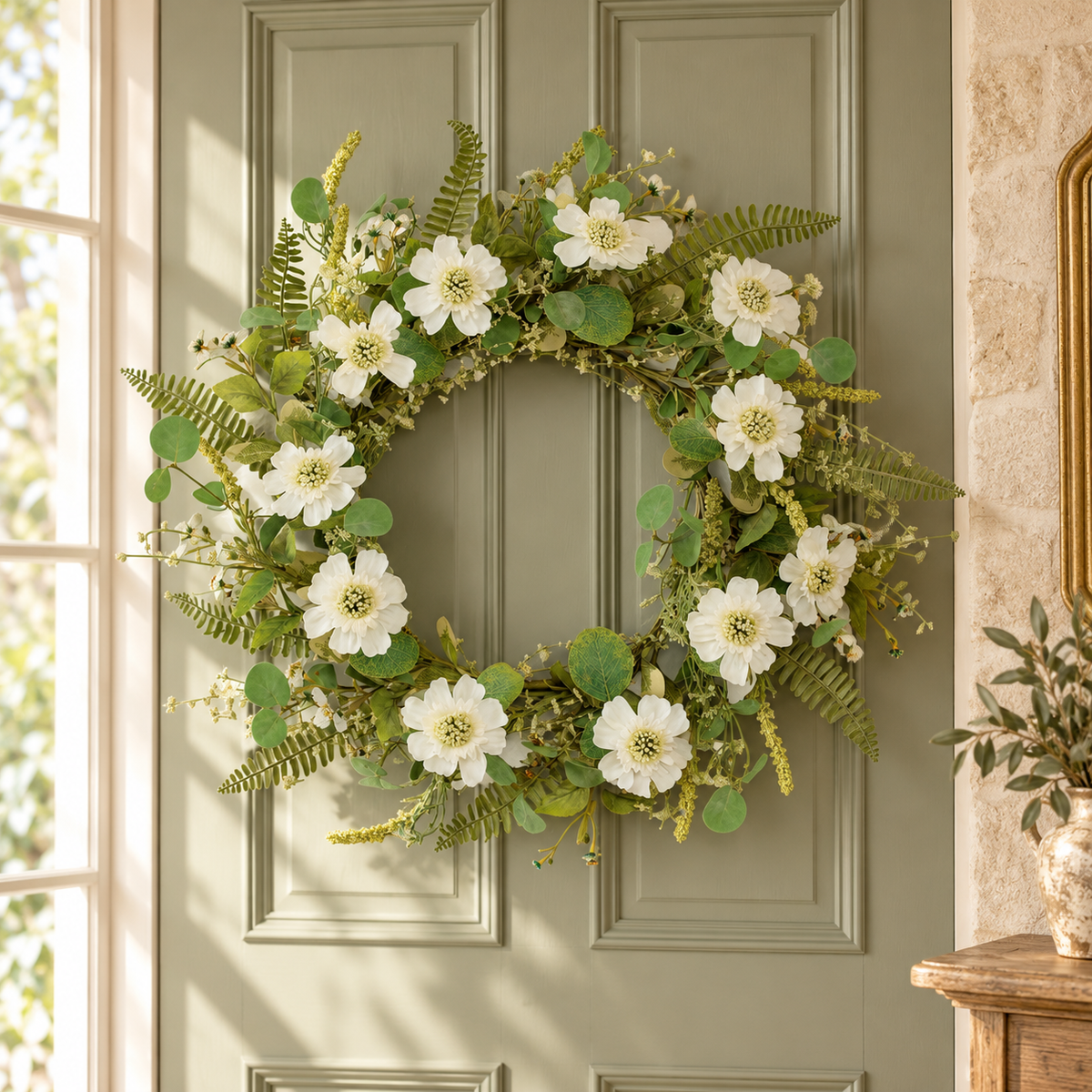 Mixed Pincushion Floral Wreath 22"D in a styled home setting