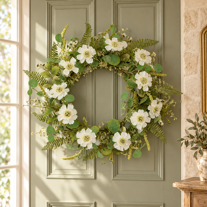 Mixed Pincushion Floral Wreath 22"D in a styled home setting