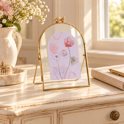 Copper Framed Floral Artwork with Bird Accent 8"H in a styled home setting