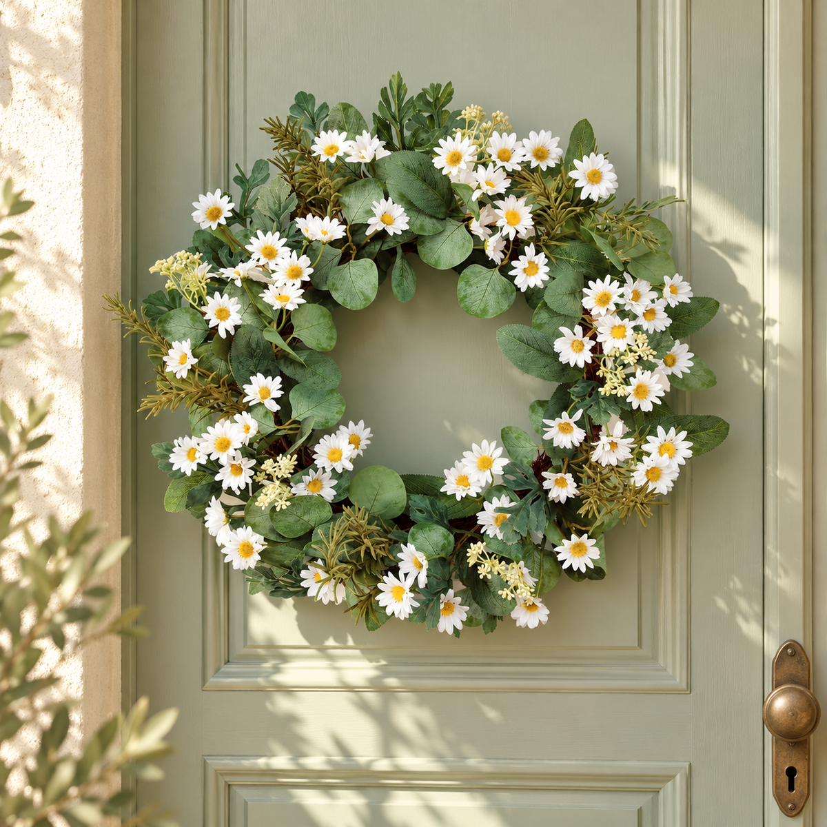 Mini Daisy and Foliage Wreath 22"D in a styled home setting