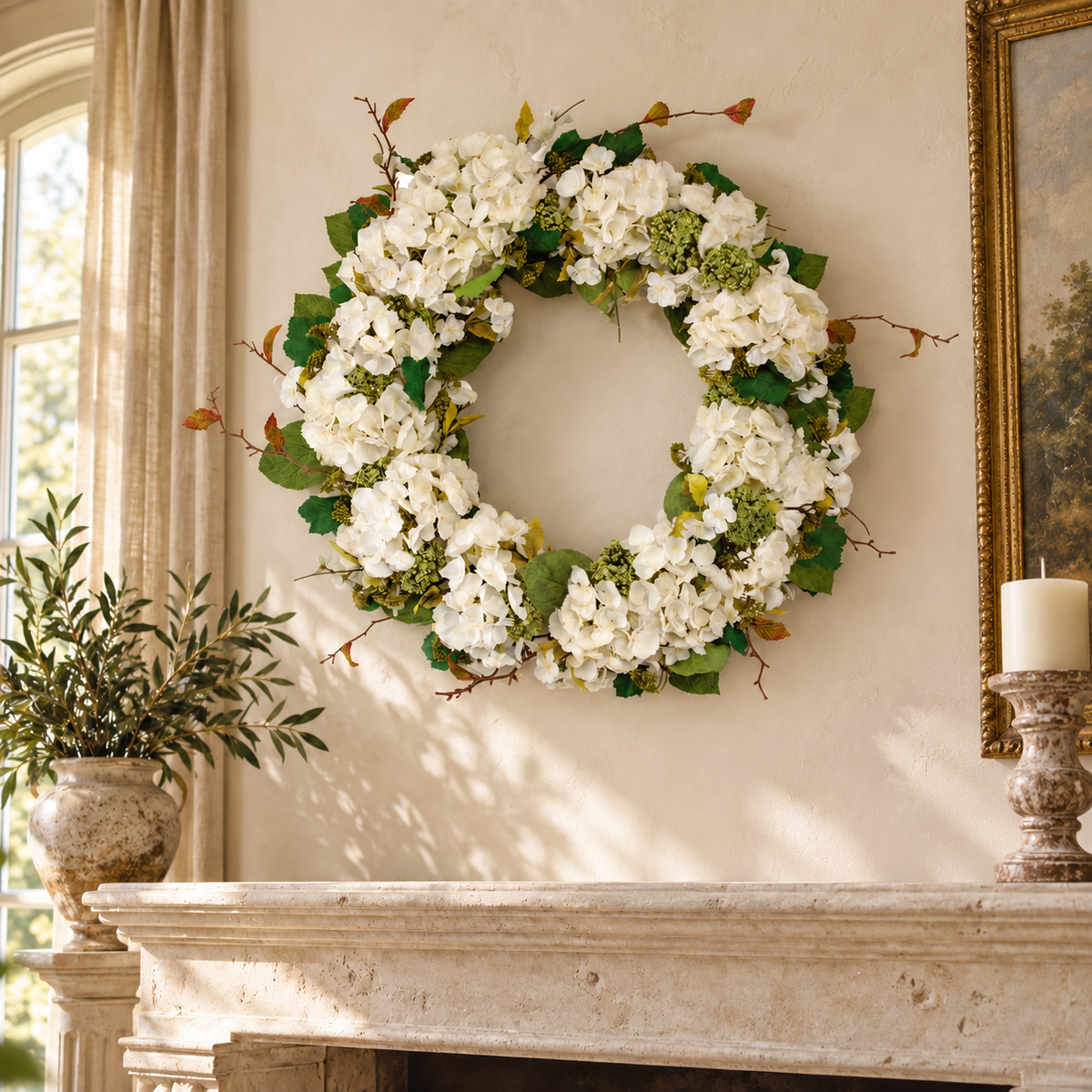 Hydrangea and Seedum Floral Wreath 32"D in a styled home setting