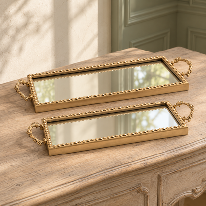 Gold Beaded Mirror Trays, Set of 2 in a styled home setting