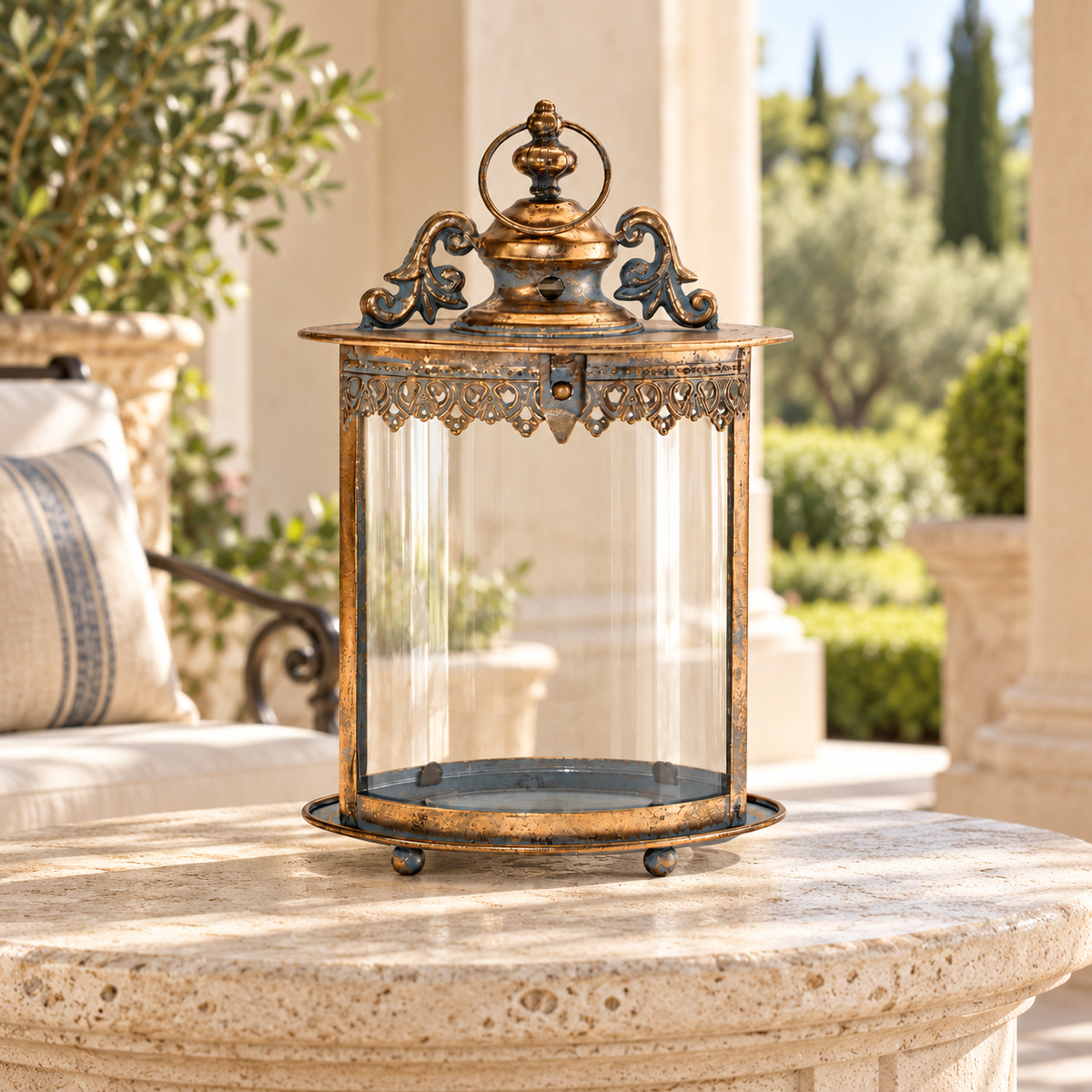 Lantern 8.5"L x 13"H Metal/Glass in a styled home setting