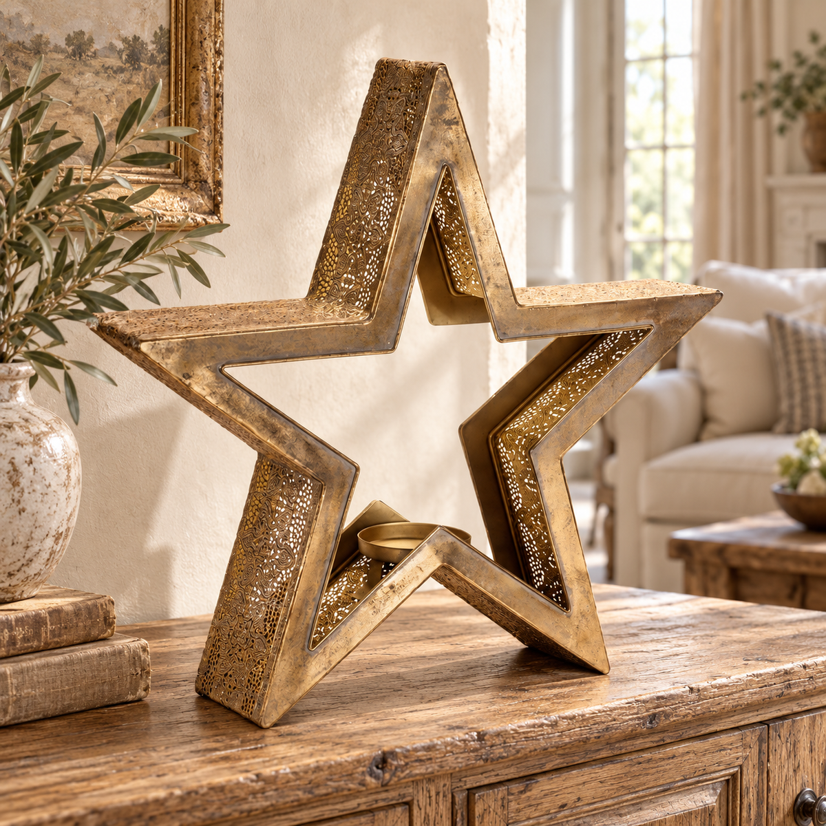 Star Candle Holder 20"H Metal in a styled home setting