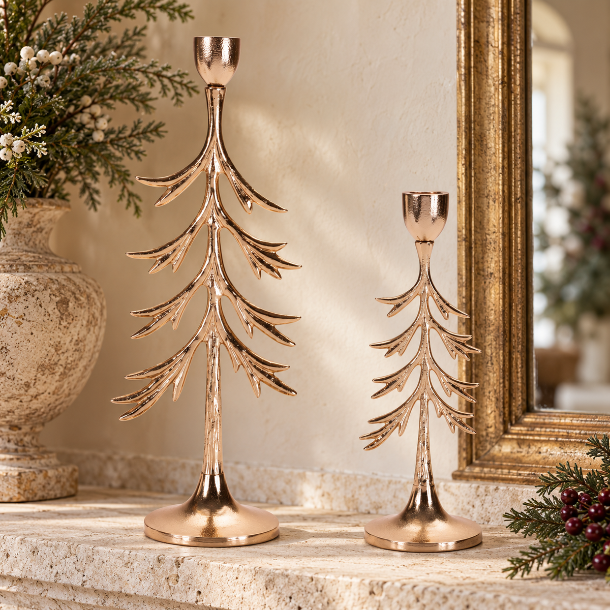 Tree Candle Holder (Set of 2) 9.25"H, 13"H Aluminum in a styled home setting