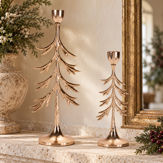 Tree Candle Holder (Set of 2) 9.25"H, 13"H Aluminum in a styled home setting