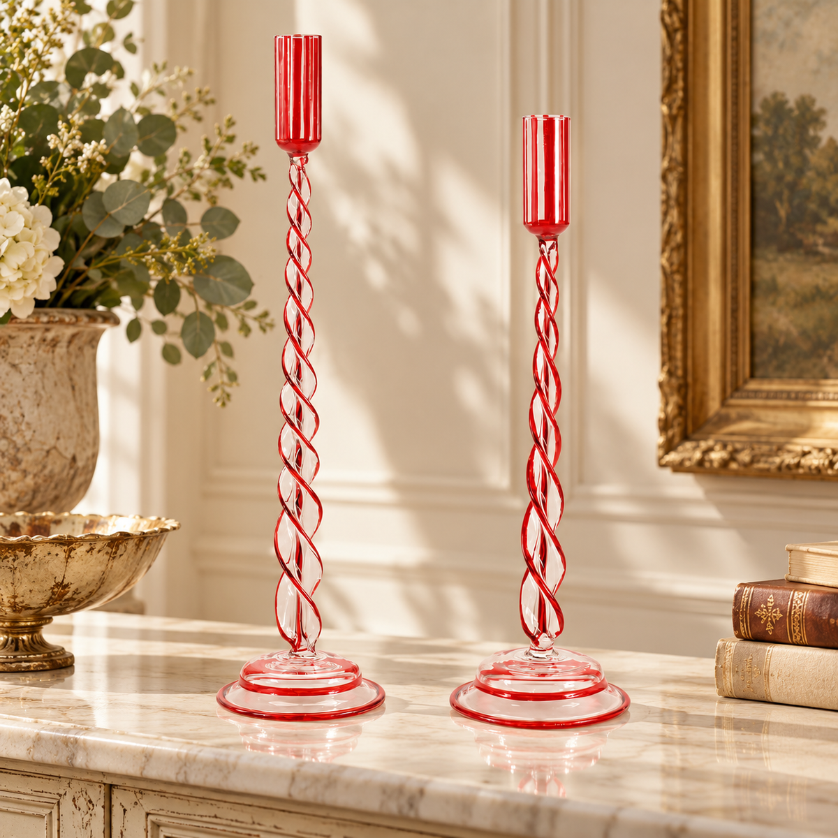Taper Candle Holder (Set of 2) 12.5"H, 14.25"H Glass in a styled home setting