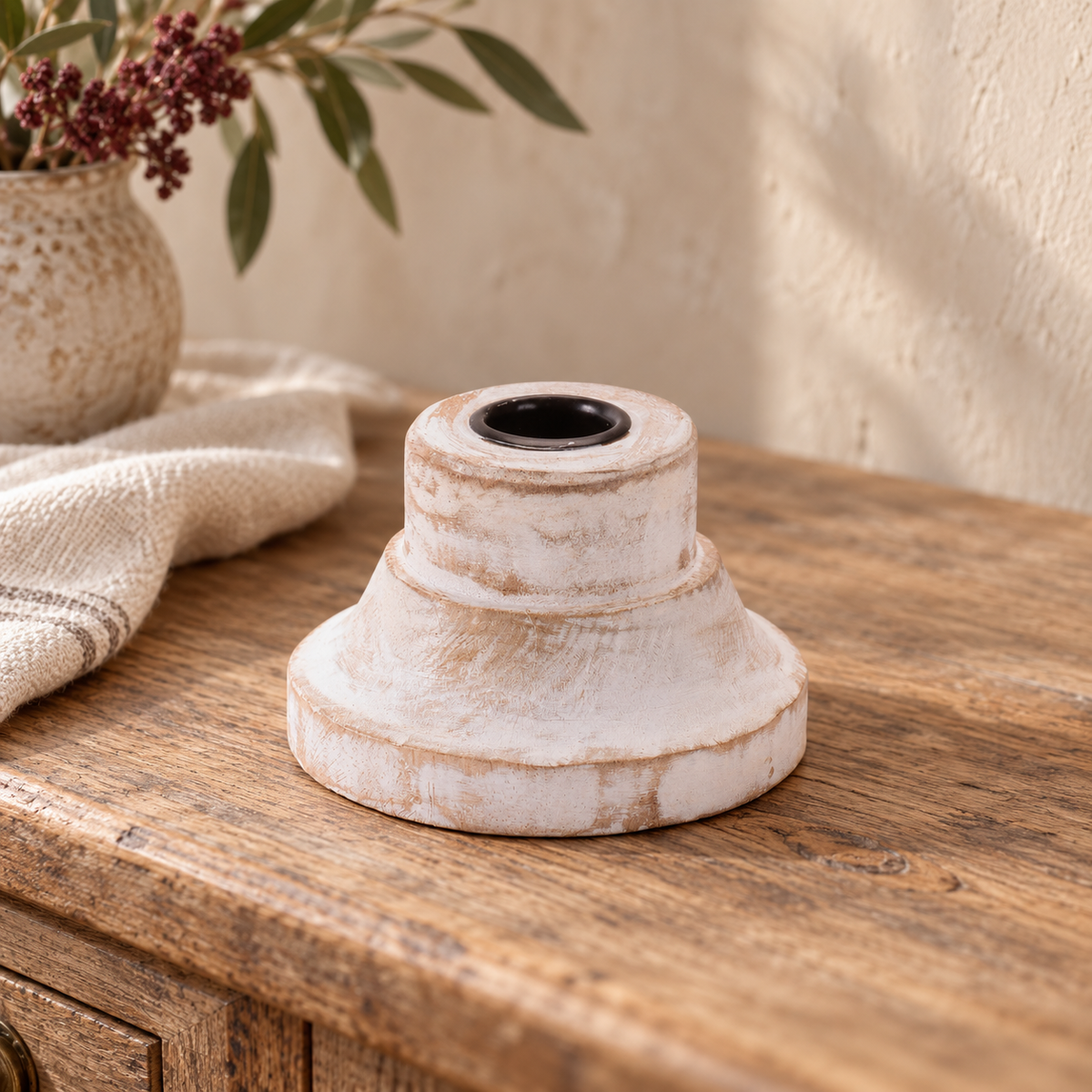 Taper Candle Holder 2.5"H Wood in a styled home setting
