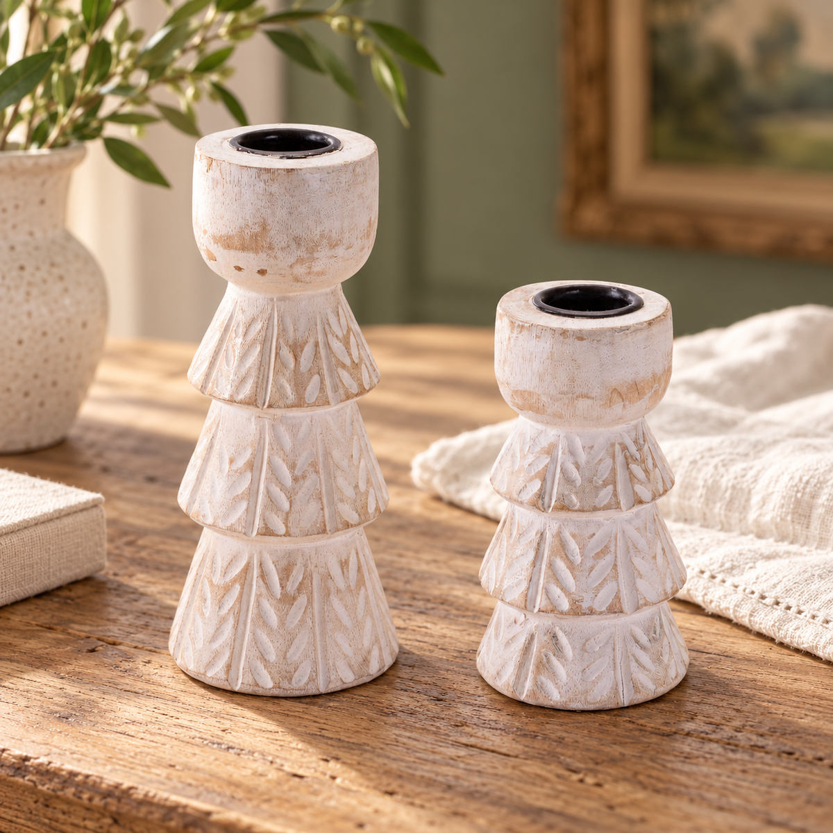 Taper Candle Holder (Set of 2) 4"H, 5.75"H Wood in a styled home setting