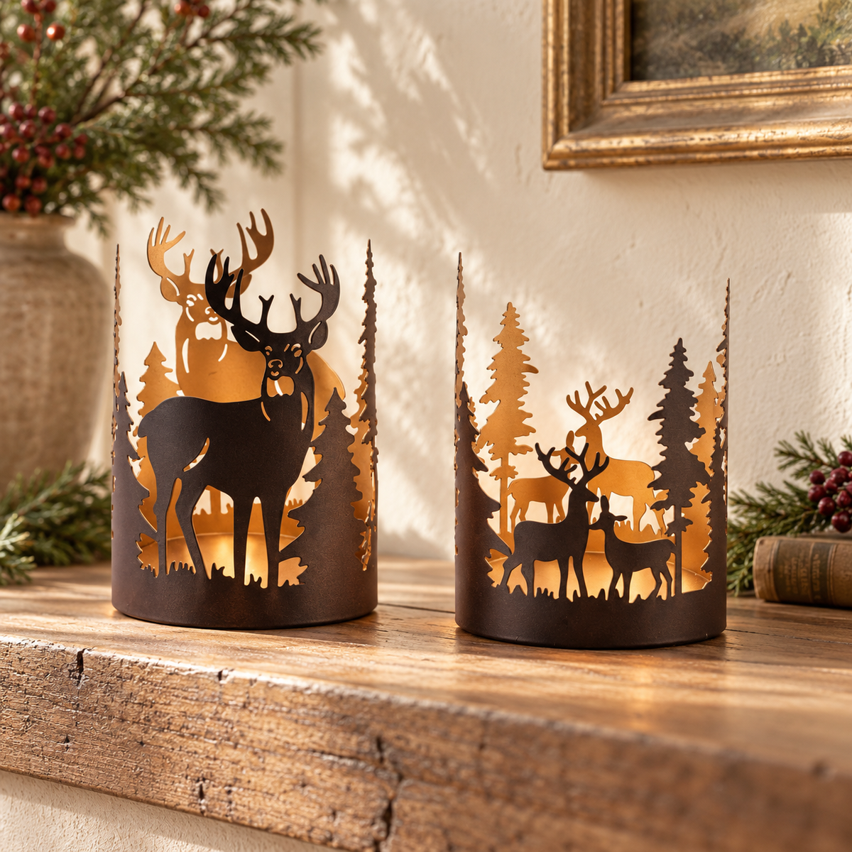 Deer and Tree Candle Holder (Set of 2) 4.5"D x 5"H, 4.5"D x 6.25"H Metal in a styled home setting
