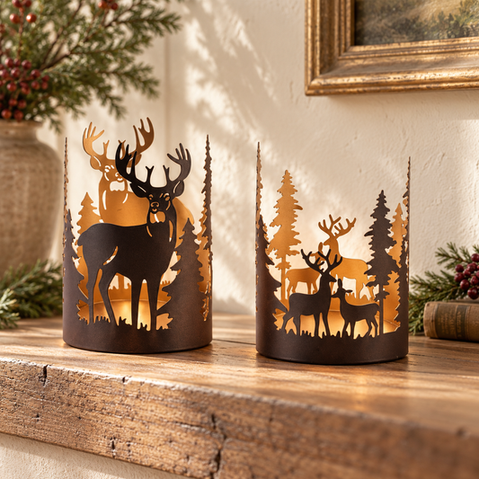Deer and Tree Candle Holder (Set of 2) 4.5"D x 5"H, 4.5"D x 6.25"H Metal in a styled home setting