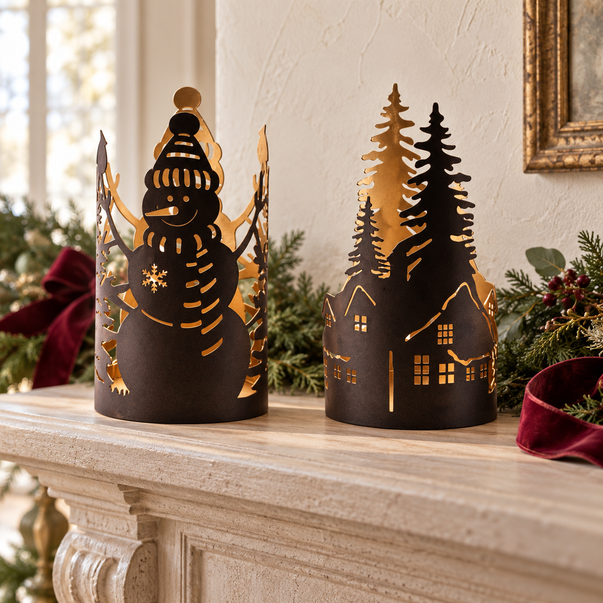 House/Tree and Snowman Candle Holder (Set of 2) 4.5"D x 7.75"H, 4.5"D x 8.5"H Metal in a styled home setting