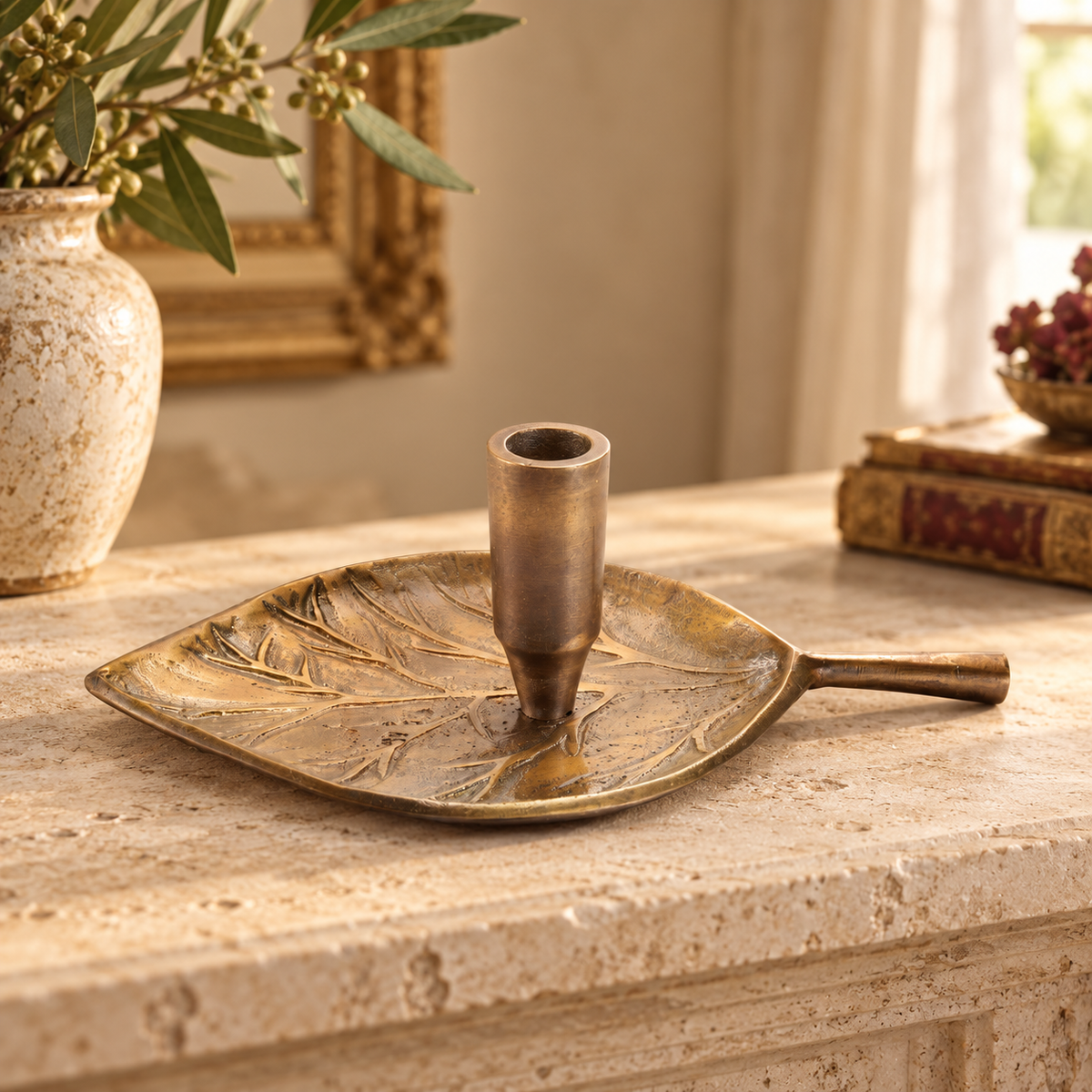 Leaf Taper Candle Holder 8"L x 3"H Aluminum in a styled home setting