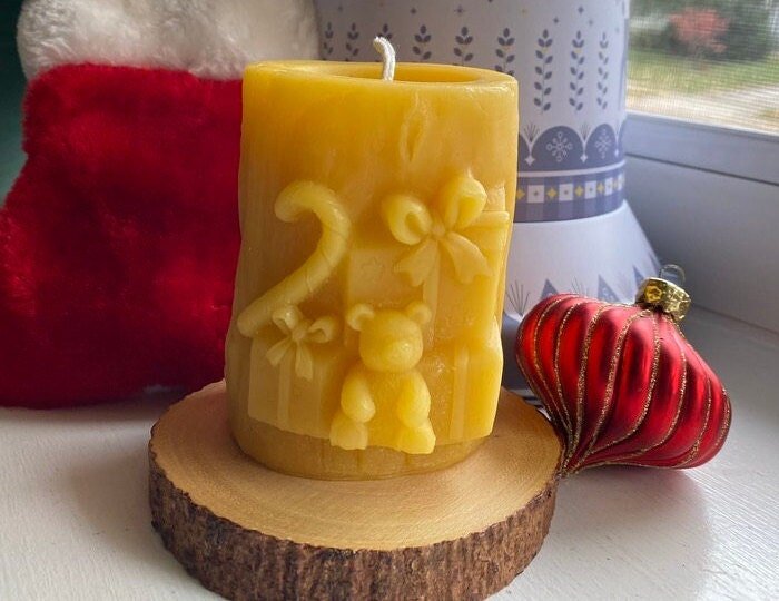 Christmas Presents Beeswax Candle | Teddybear Present Bees Wax Candles | Presents | Gifts | Stuffed Animal | Candy Cane | Bow | USA Handmade - Bees Light Candles