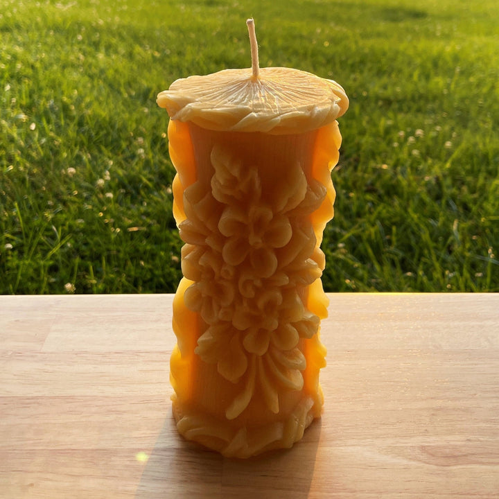 Delicate Floral Beeswax Pillar Candle | LARGE BEES WAX Pillars | Intricate Flower Design | Candles Flowers Gift Mom | Nature Centerpiece New - Bees Light Candles