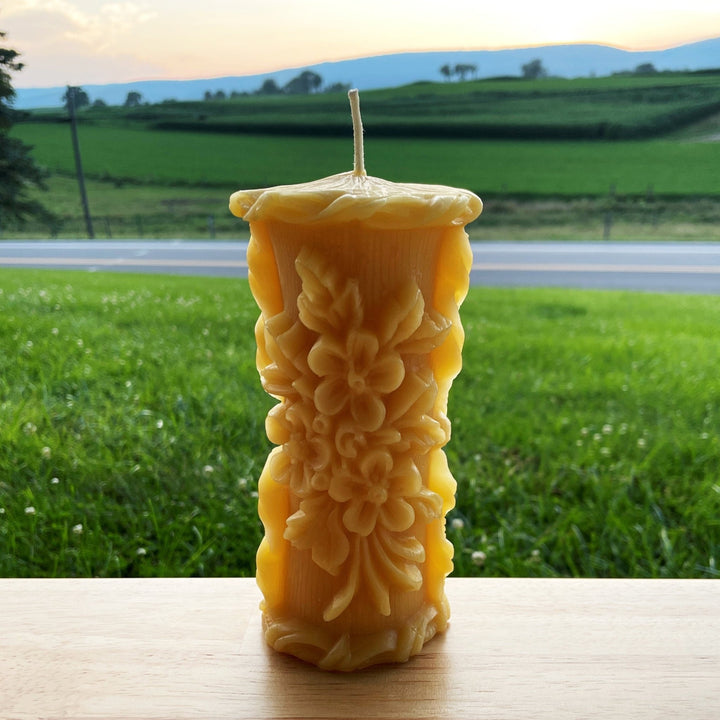 Delicate Floral Beeswax Pillar Candle | LARGE BEES WAX Pillars | Intricate Flower Design | Candles Flowers Gift Mom | Nature Centerpiece New - Bees Light Candles
